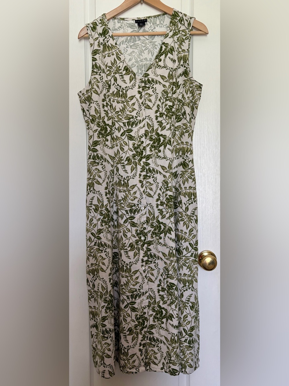 Tahari Green Botanical Leaf Print Linen Blend Sleeveless Midi Dress Size S